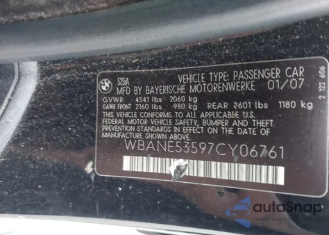 2007 BMW 525I z USA, uszkodzony, nr VIN WBANE53597CY06761